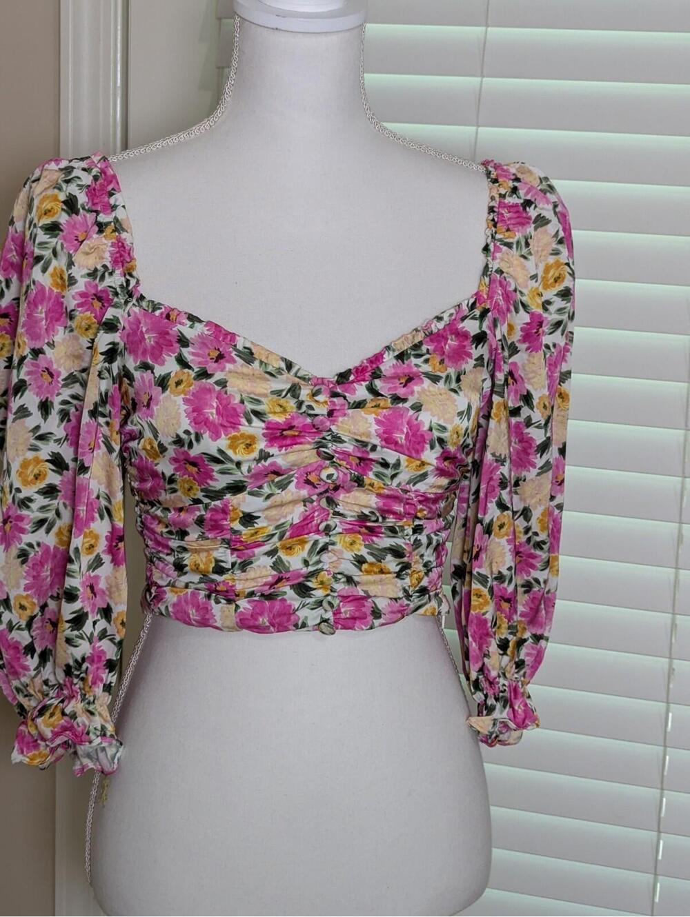Women's Live & Lemons Pink Floral Crop Top 3/4 Sleeve Small Cottagecore